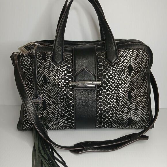 Aimee Kestenberg Leather Handbag  Black Purse Snake Print Metallic Satchel - Picture 1 of 16